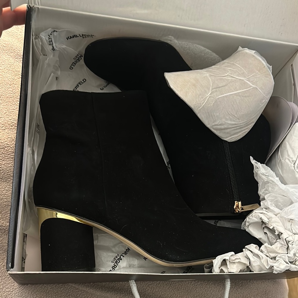 Karl Lagerfeld Black and Gold Heeled Boots